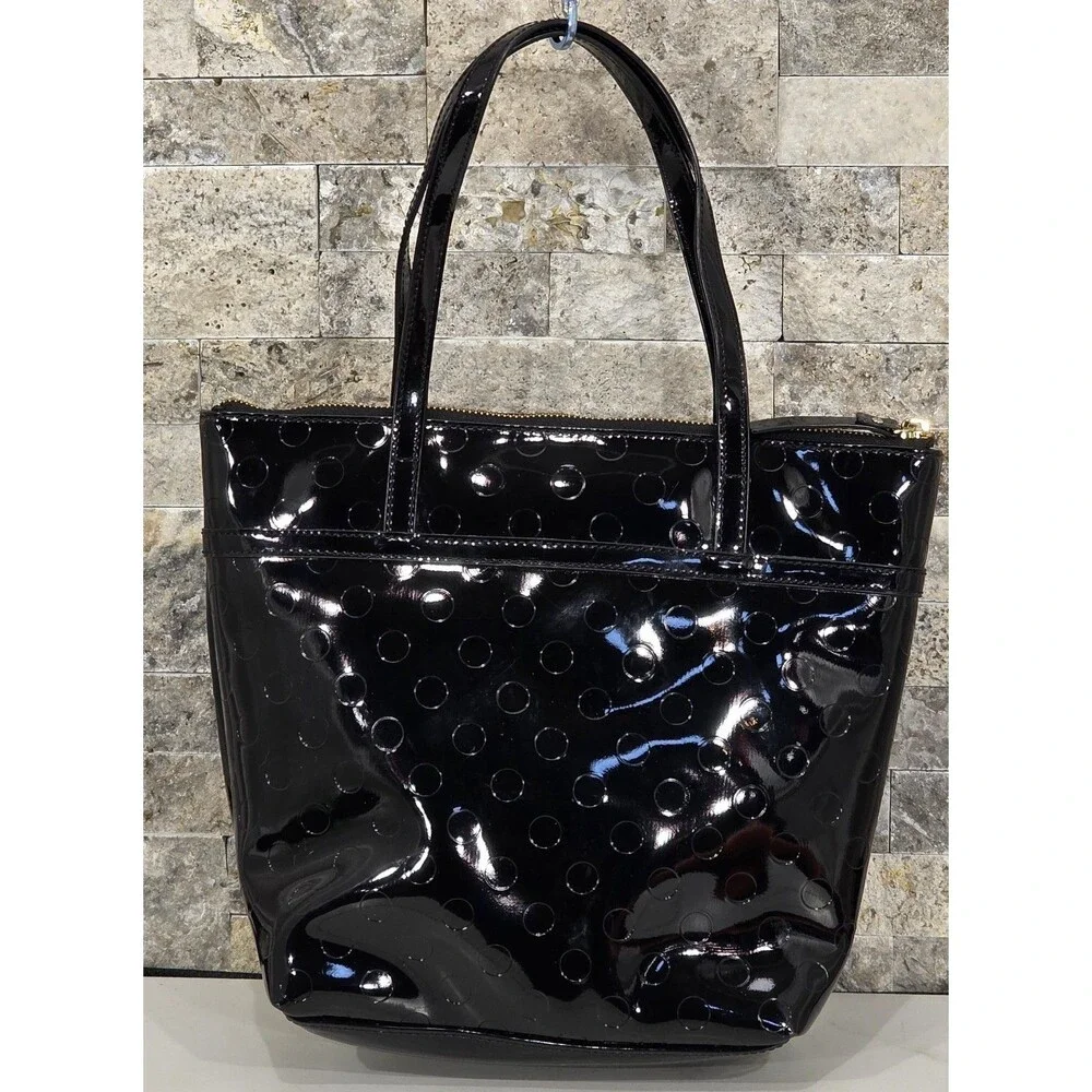 Kate Spade New York Tote Bag Black Patent Leather Bow Polka Dot Embossed Zip Top